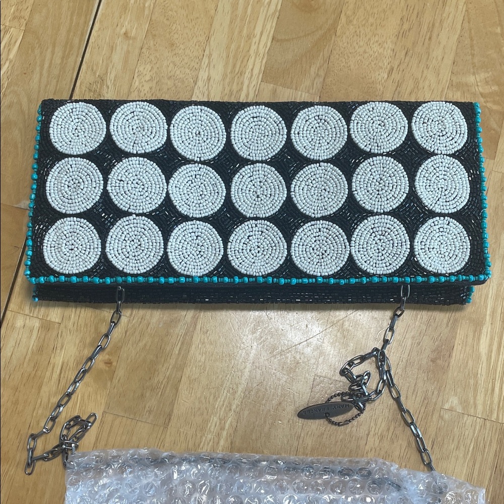 Mary Frances Black and White Beaded Clutch with Turquoise Trim